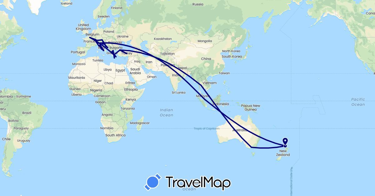 TravelMap itinerary: driving in Austria, Australia, Switzerland, France, Greece, Croatia, Italy, New Zealand, Singapore, Slovenia, Thailand, Turkey (Asia, Europe, Oceania)